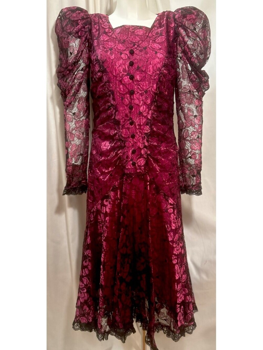 Vtg Prom Whimsigoth Punk Black Lace Puff Sleeve Dress M/L